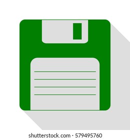 Floppy disk sign. Green icon with flat style shadow path.