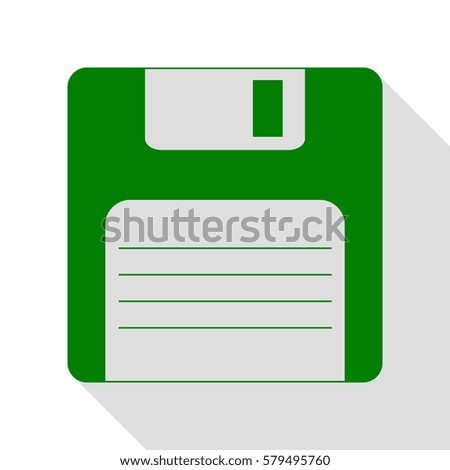 Floppy disk sign. Green icon with flat style shadow path.