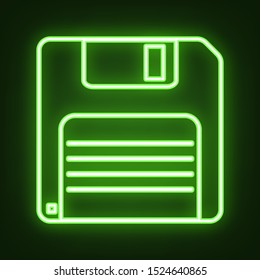 Floppy disk sign. Green neon icon in the dark. Blurred lightening. Illustration.