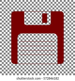 Floppy disk sign. Maroon icon on transparent background.