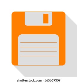 Floppy disk sign. Orange icon with flat style shadow path.