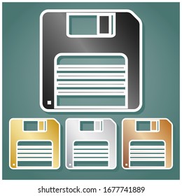 Floppy disk sign. Set of metallic Icons with gray, gold, silver and bronze gradient with white contour and shadow at viridan background. Illustration.