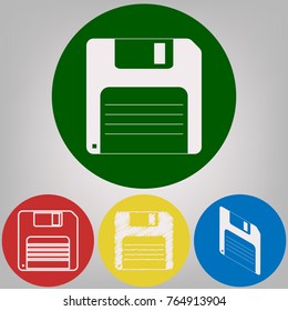 Floppy disk sign. Vector. 4 white styles of icon at 4 colored circles on light gray background.
