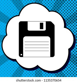 Floppy disk sign. Vector. Black icon in bubble on blue pop-art background with rays.