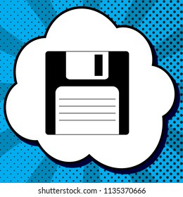 Floppy disk sign. Vector. Black icon in bubble on blue pop-art background with rays.