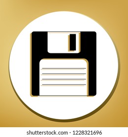 Floppy disk sign. Vector. Black icon with light brown shadow in white circle with shaped ring at golden background.