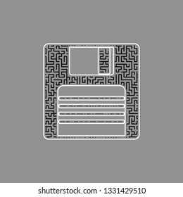 Floppy disk sign. Vector. Black maze filled icon with white border at gray background.