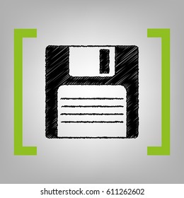 Floppy disk sign. Vector. Black scribble icon in citron brackets on grayish background.
