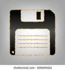 Floppy disk sign. Vector. Blackish icon with golden stars at grayish background.