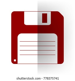Floppy disk sign. Vector. Bordo icon on white bending paper background.