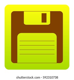 Floppy disk sign. Vector. Brown icon at green-yellow gradient square with rounded corners on white background. Isolated.