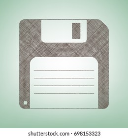 Floppy disk sign. Vector. Brown flax icon on green background with light spot at the center.