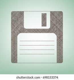 Floppy disk sign. Vector. Brown flax icon on green background with light spot at the center.