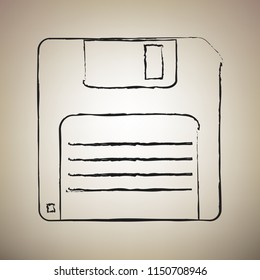 Floppy disk sign. Vector. Brush drawed black icon at light brown background.