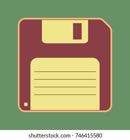 Floppy disk sign. Vector. Cordovan icon and mellow apricot halo with light khaki filled space at russian green background.