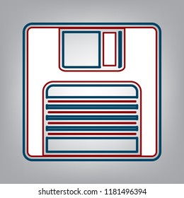 Floppy disk sign. Vector. Dark red, transparent and midnight green stroke of white icon at grayish background.