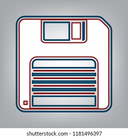 Floppy disk sign. Vector. Dark red, transparent and midnight green stroke of white icon at grayish background.
