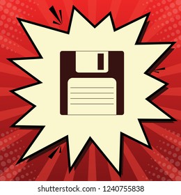 Floppy disk sign. Vector. Dark red icon in lemon chiffon shutter bubble at red popart background with rays.