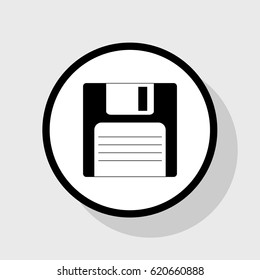 Floppy disk sign. Vector. Flat black icon in white circle with shadow at gray background.