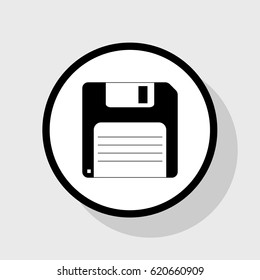 Floppy disk sign. Vector. Flat black icon in white circle with shadow at gray background.