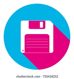 Floppy disk sign. Vector. Flat white icon with mexican pink shadow inside sky blue circle at white background. Isolated. Trend colors in 2017.