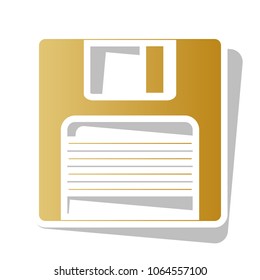 Floppy disk sign. Vector. Golden gradient icon with white contour and rotated gray shadow at white background.