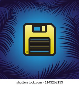 Floppy disk sign. Vector. Golden icon with black contour at blue background with branches of palm trees.
