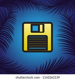 Floppy disk sign. Vector. Golden icon with black contour at blue background with branches of palm trees.