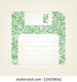 Floppy disk sign. Vector. Green hexagon rastered icon and noised opacity and size at light green background with central light.