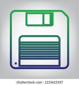 Floppy disk sign. Vector. Green to blue gradient contour icon at grayish background with light in center.