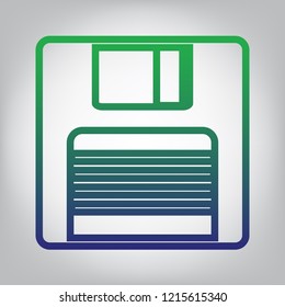 Floppy disk sign. Vector. Green to blue gradient contour icon at grayish background with light in center.