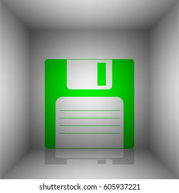 Floppy disk sign. Vector. Green icon with shadow in the room.