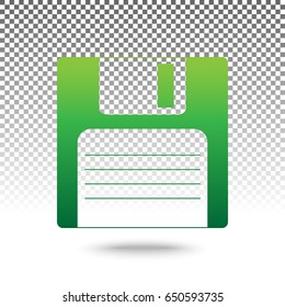 Floppy disk sign. Vector. Green gradient icon with shadow at bottom on transparent and white background.