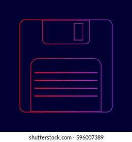 Floppy disk sign. Vector. Line icon with gradient from red to violet colors on dark blue background.