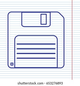 Floppy disk sign. Vector. Navy line icon on notebook paper as background with red line for field.