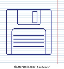 Floppy disk sign. Vector. Navy line icon on notebook paper as background with red line for field.