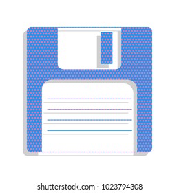 Floppy disk sign. Vector. Neon blue icon with cyclamen polka dots pattern with light gray shadow on white background. Isolated.