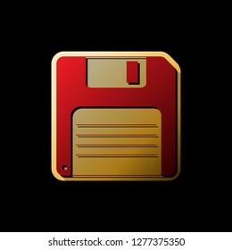 Floppy disk sign. Vector. Red icon with small black and limitless shadows at golden sticker on black background.