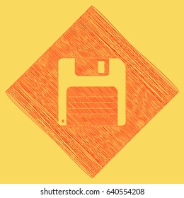 Floppy disk sign. Vector. Red scribble icon obtained as a result of subtraction rhomb and path. Royal yellow background.