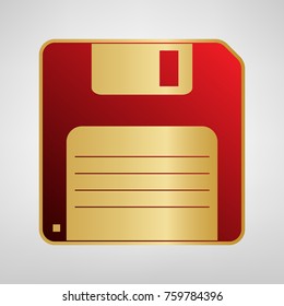 Floppy disk sign. Vector. Red icon on gold sticker at light gray background.