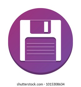Floppy disk sign. Vector. White icon with flat shadow on purpureus circle at white background. Isolated.
