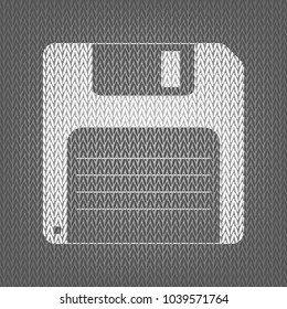 Floppy disk sign. Vector. White knitted icon on gray knitted background. Isolated.