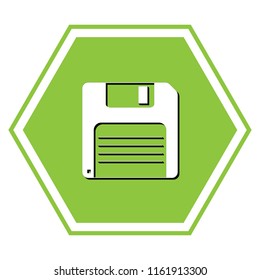 Floppy disk sign. Vector. White icon with black shadow at yellow green honeycomb on white background.