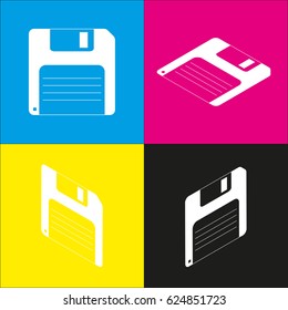 Floppy disk sign. Vector. White icon with isometric projections on cyan, magenta, yellow and black backgrounds.
