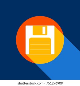 Floppy disk sign. Vector. White icon on tangelo circle with infinite shadow of light at cool black background. Selective yellow and bright navy blue are produced.