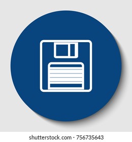 Floppy disk sign. Vector. White contour icon in dark cerulean circle at white background. Isolated.