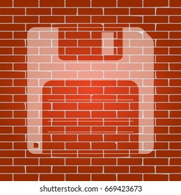 Floppy disk sign. Vector. Whitish icon on brick wall as background.
