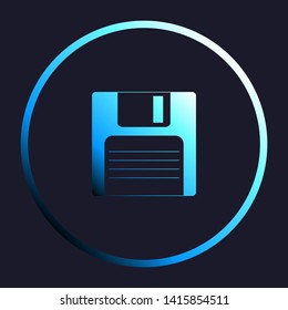 Floppy disk sign. White, cyan and blue gradient icon as round button in white shell at dark blue background. Illustration.