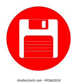 Floppy disk sign. White icon on red circle.