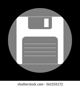 Floppy disk sign. White icon in gray circle at black background. Circumscribed circle. Circumcircle.